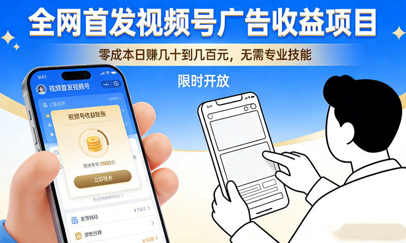 全网首发视频号广告收益项目，零成本日赚几十到几百元，无需专业技能